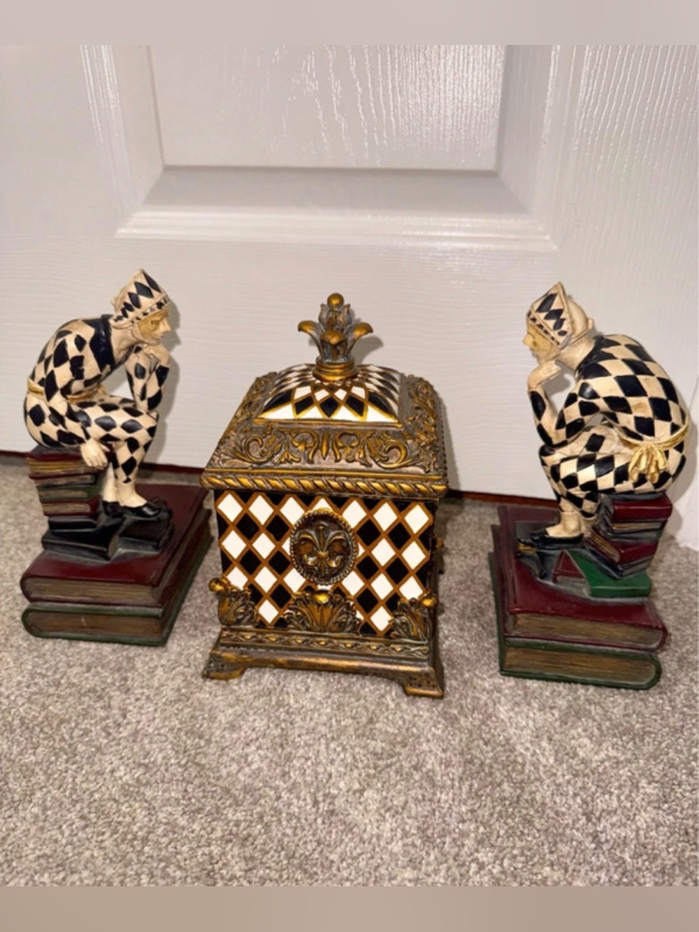 Vintage Harlequin Jester Bookends & Lidded Trinket Box 3-Piece Décor Set